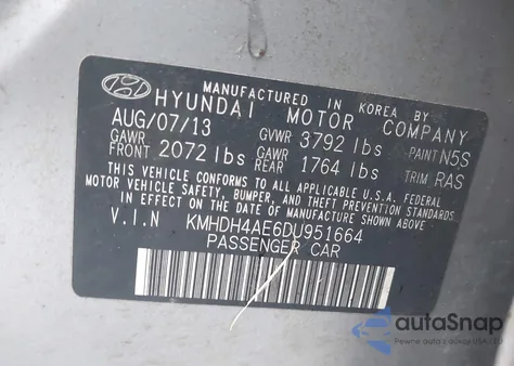 2013 Hyundai Elantra Gls z USA, uszkodzony, nr VIN KMHDH4AE6DU951664